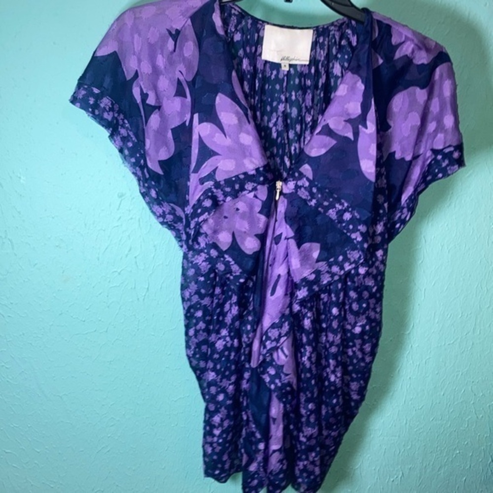 Phillip Lim Blue & Lavender Purple Silk Ruffle Front Full Zip Blouse